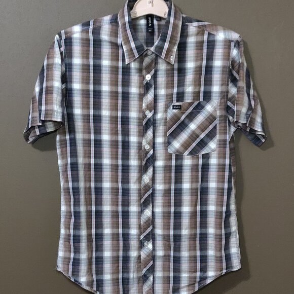 RVCA Men's Plaid Short Sleeve Button Up Shirt Brown/Cream SIZE SMALL - Picture 3 of 7